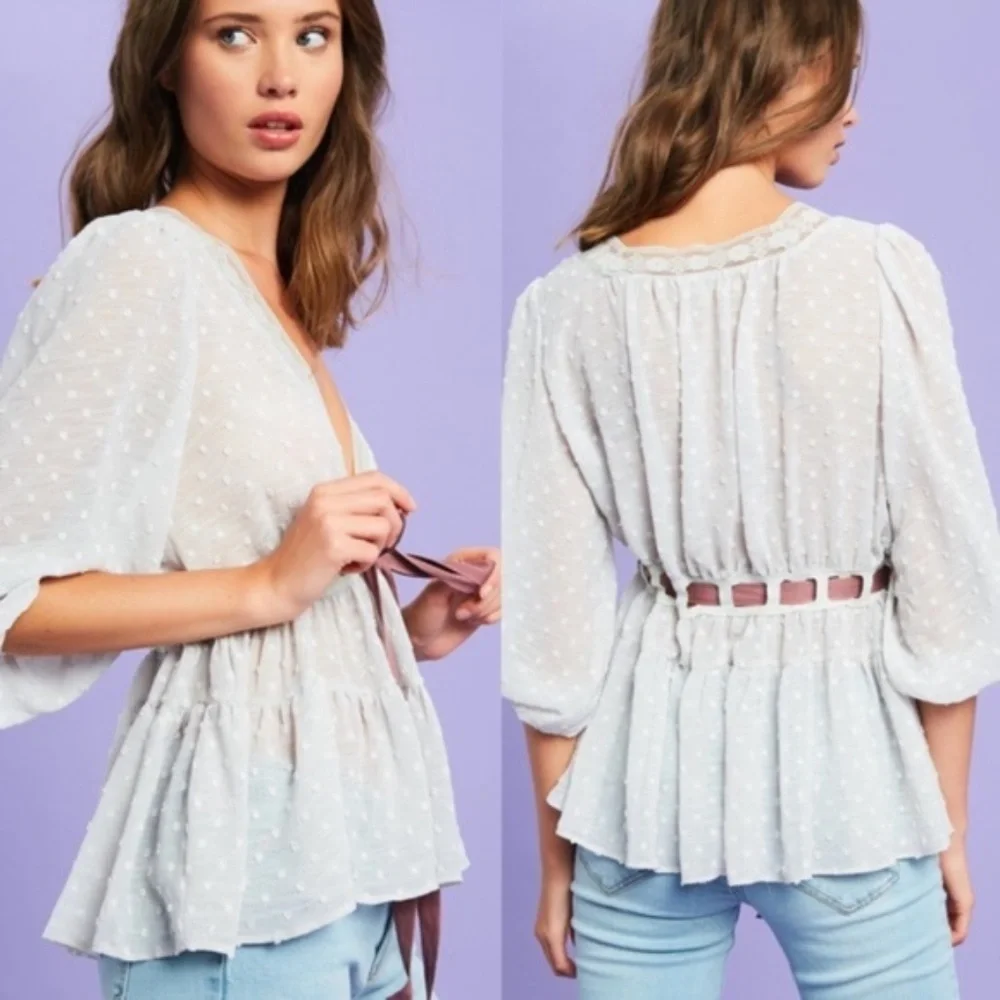 LAST ONE ☝️Textured Chiffon Blouse w/Ribbon Accent